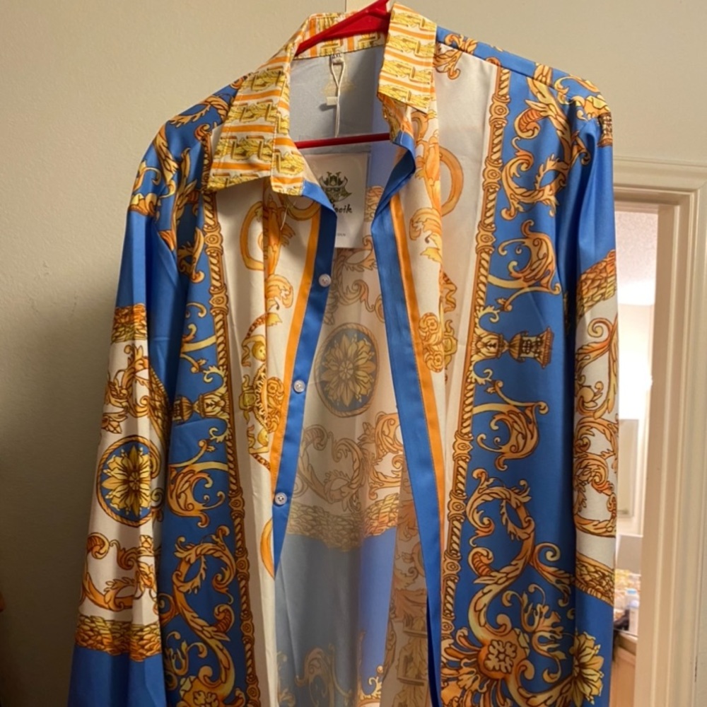 Versace inspired men’s shirt I purchased to wear as a shirt dress